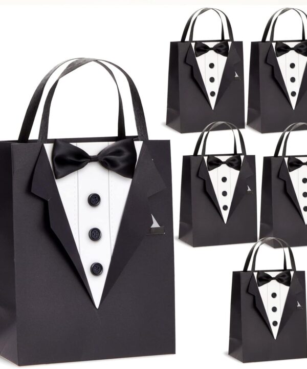 Sparkle and Bash Groomsmen Gift Bags With 3D Tuxedo Design, Satin Bow Tie & Real Buttons - Black, 6 Pack, 8 x 4.5 x 10 In - Wedding & Bachelor Party - Tuxedo Gift Bags for Men