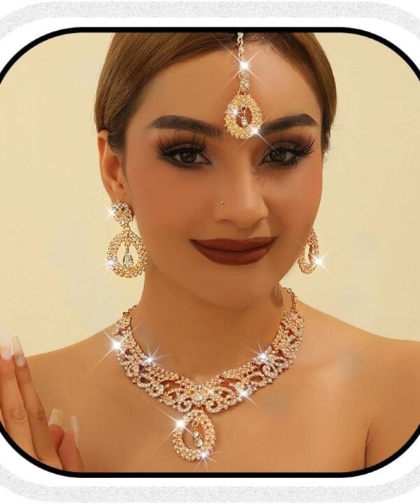 Unicra Rhinestone Gold Indian Jewelry Sets Wedding Bollywood Necklace Earrings Set Formal Prom Costume Jewelry Set for Women and Brides