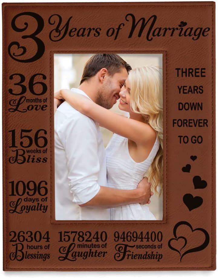 KATE POSH 3rd Anniversary Engraved Rawhide Leather Picture Frame (4x6-Vertical)