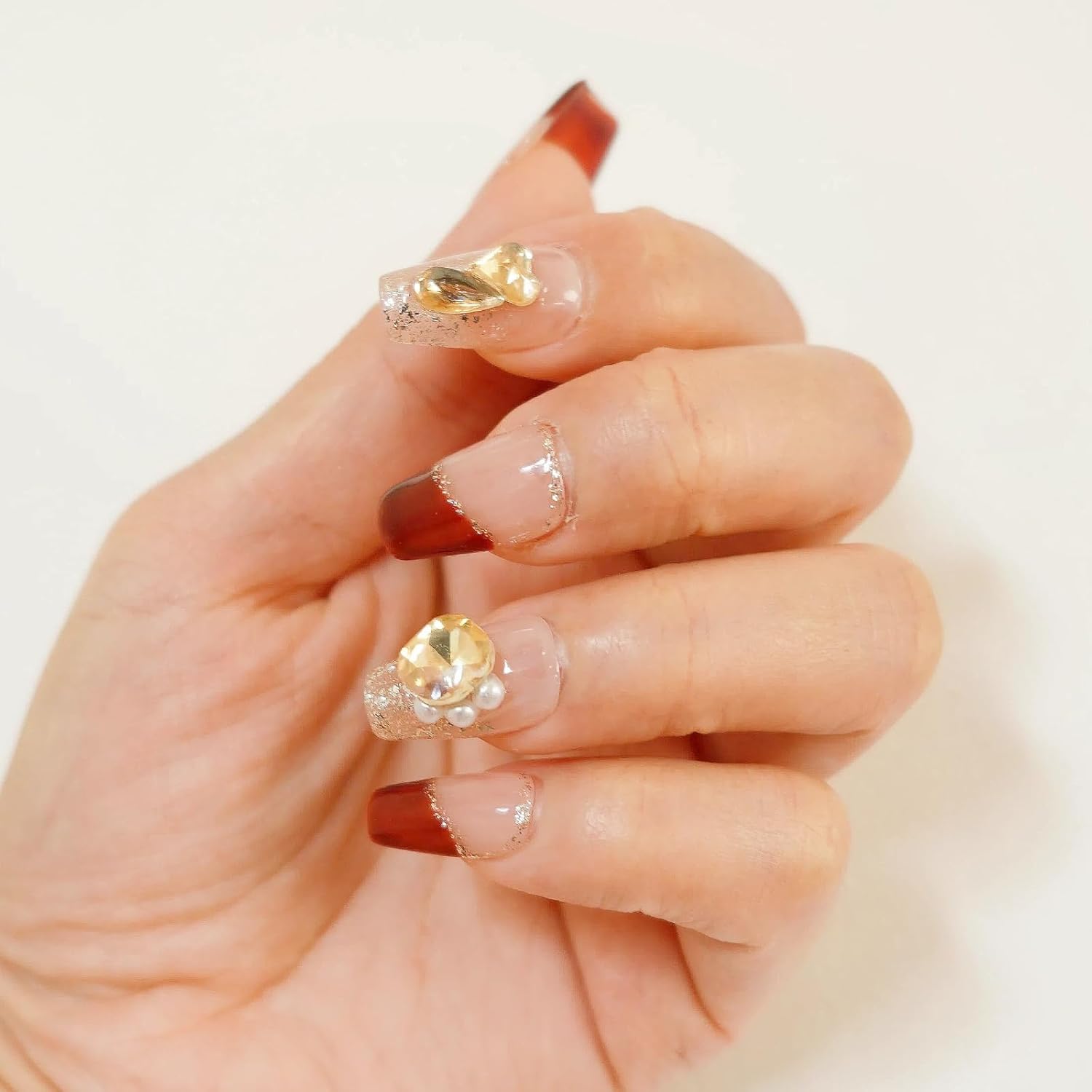 Tesytto Valentine French Tip Press On Nails Red Short Coffin – Nude Base Gold Glitter with 3D Rhinestone Decor Handmade Nails for Wedding, Party, New Year (Wine Red Romance,M)