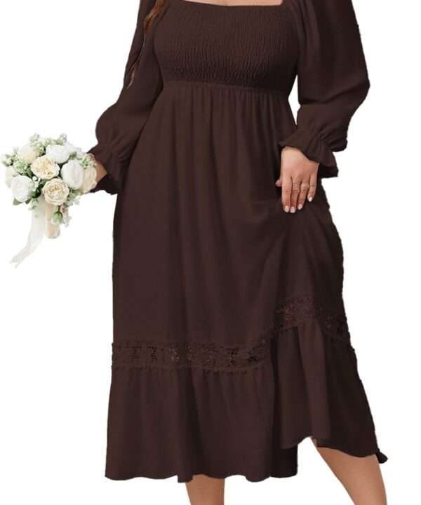 SCOMCHIC Womens Plus Size Fall Dresses Long Sleeve Square Neck Wedding Guest Smocked Flowy Boho Country Western Maxi Dress