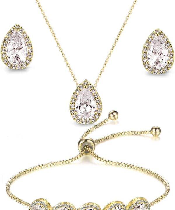 UDYLGOON Imitaion Cubic Zirconia Jewelry Set - Gold Plated Teardrop Necklace, Earrings & Bracelet for Bride Wedding Prom Party Bridesmaid Gift