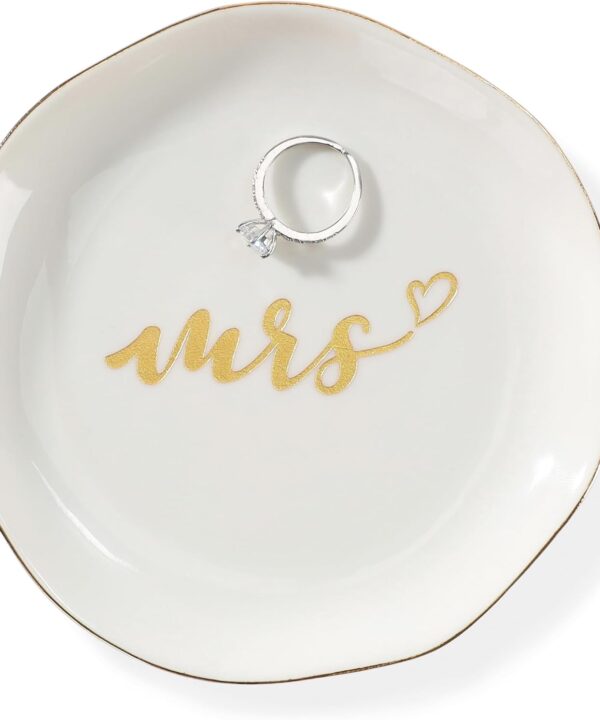 HOME SMILE Mrs Ring Dish, Engagement&Wedding Gifts for Women, Bridal Shower Present,Ceramic Jewelry Tray, 4.5"