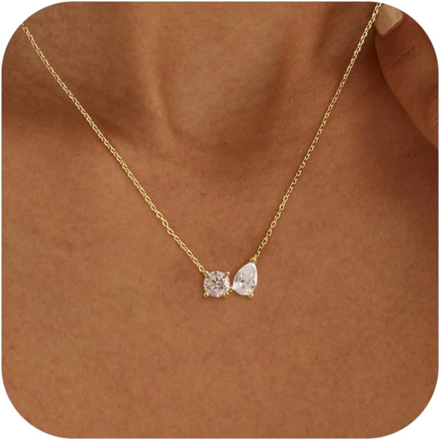 XIXINI Dainty Gold Necklace for Women, 14k Gold Plated Cubic Zirconia Pendant Necklace Simple Gold Necklaces for Women Trendy Cute Non Tarnish Solitaire Necklace Fashion Wedding Gold Jewelry