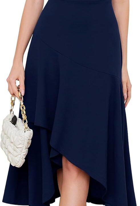 Aupuls Women's High Low Midi Formal Dress V Neck Ruffle Wedding Guest Dresses