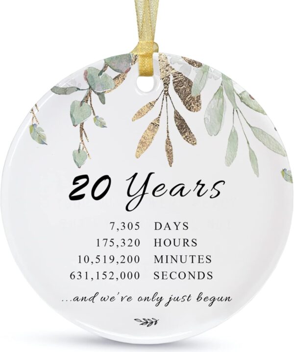 20 Years Anniversary Ornament 2026Hanging,20th for Couple,20 Years Christmas Ceramic Ornaments for Decorating Home Weddings Parents Gift,with Card and Gift Box (2.9")