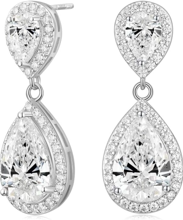 EAMTI Silver Dangle Earrings for Women Cubic Zirconia Teardrop 925 Sterling Silver Post Rhinestone Bridal Wedding Earring