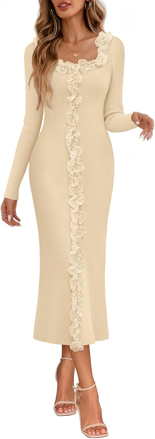 MEROKEETY Women's Fall Long Sleeve Sweater Dress 2025 Bodycon Square Neck Ruffle Ribbed Knit Midi Dresses