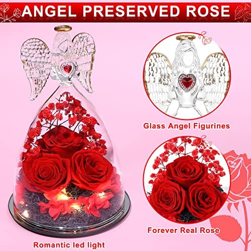 Mothers Day Rose Gifts for Women, Large Angel Figurines with Real Roses, Preserved Real Flower Rose for Her – Red