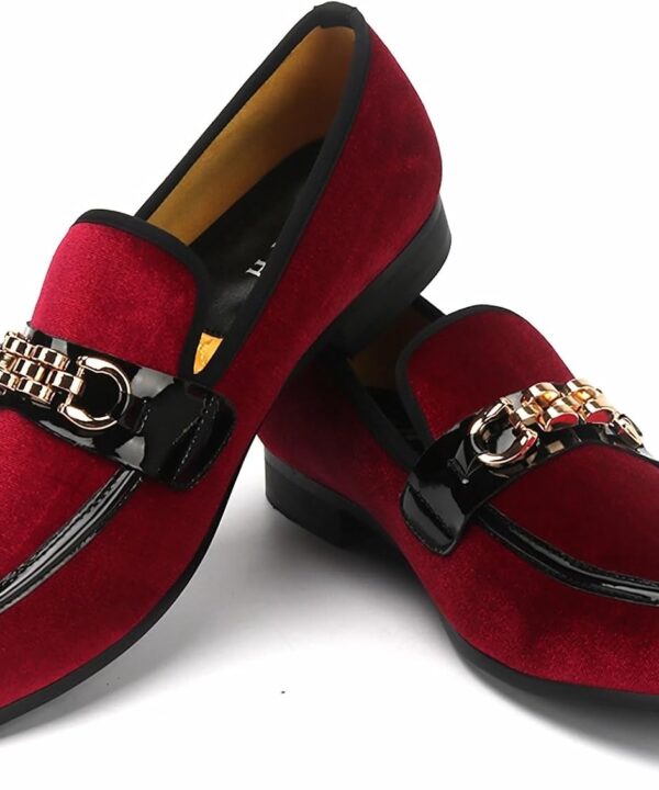 Men's Velvet Loafers,Mens Dress Shoes with Gold Chain, Slip On Flats Smoking Slippers Penny Shoes for Men