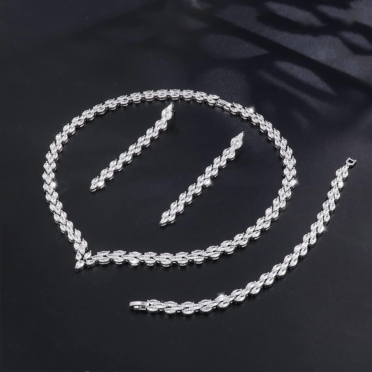 White Gold Plated Cubic Zirconia CZ Marquise Bridal Necklace Drop Dangle Earrings Bracelet set for Women Wedding Brides