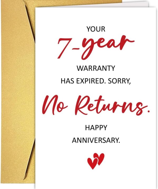 Funny 7 Year Anniversary Card for Husband Wife Couple Partner, Hilarious 7th Wedding Anniversary Card& gift for Him Her, Copper Anniversary Cards for Men Women Girlfriend Boyfriend, 7 Year Warranty No Returns