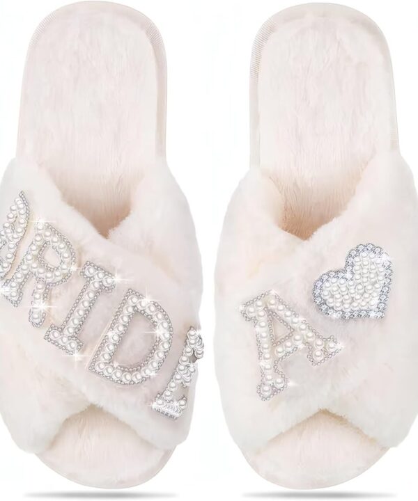 MAIITRIP Personalized Bride Slippers for Bride to Be | Plush,Non-Slip & Custom Initial A-Z with Pearl Rhinestones | Personalized Gift for Bridal Shower,Bachelorette,Honeymoon & Wedding