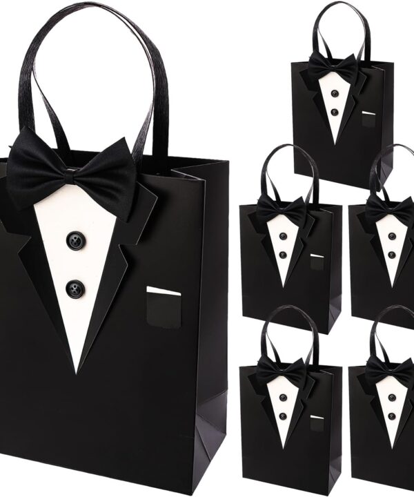 Crisky 6 Pack Classic Black 3D Tuxedo Gift Bags Real Bow Tie, Buttons for Groomsman Father's Birthday Anniversary Wedding Favor 10" x8" x4"