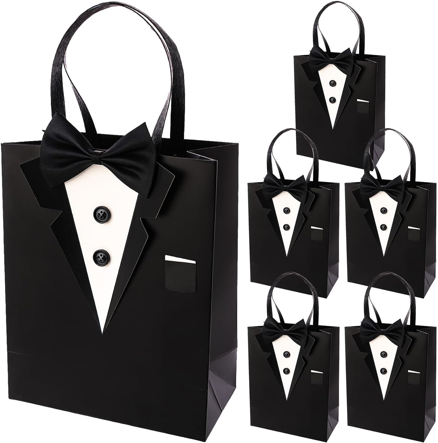 Crisky 6 Pack Classic Black 3D Tuxedo Gift Bags Real Bow Tie, Buttons for Groomsman Father's Birthday Anniversary Wedding Favor 10" x8" x4"