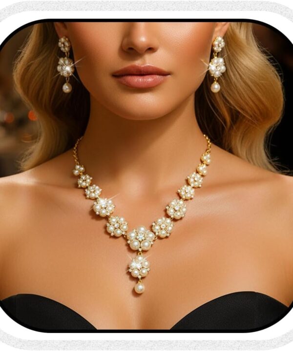 Aukmla Pearl Bridal Wedding Jewelry Set Sparkly Rhinestones Weddding Necklace Earrings Sets Prom Jewerly for Women