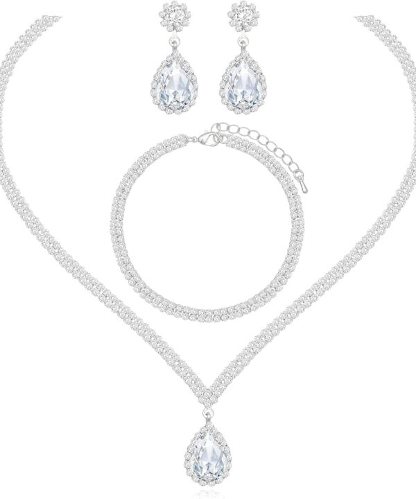 Elegant Silver Crystal Wedding Necklace Earrings Bracelet Jewelry Set for Women Brides Bridesmaids Prom Party Costume Accessory Bridal Jewelry