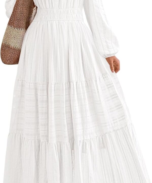 BTFBM Fall Dresses for Women 2026 Casual Long Sleeve V Neck Elastic Waist Lightweight Maxi Wedding Guest Dress Pockets