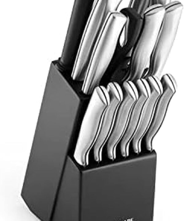 FARBERWARE 15-Piece Kitchen Knife Set with High-Carbon Stainless Steel Blades, Black Handles, Steak Knives, Wood Block, Razor Sharp and Ergonomic