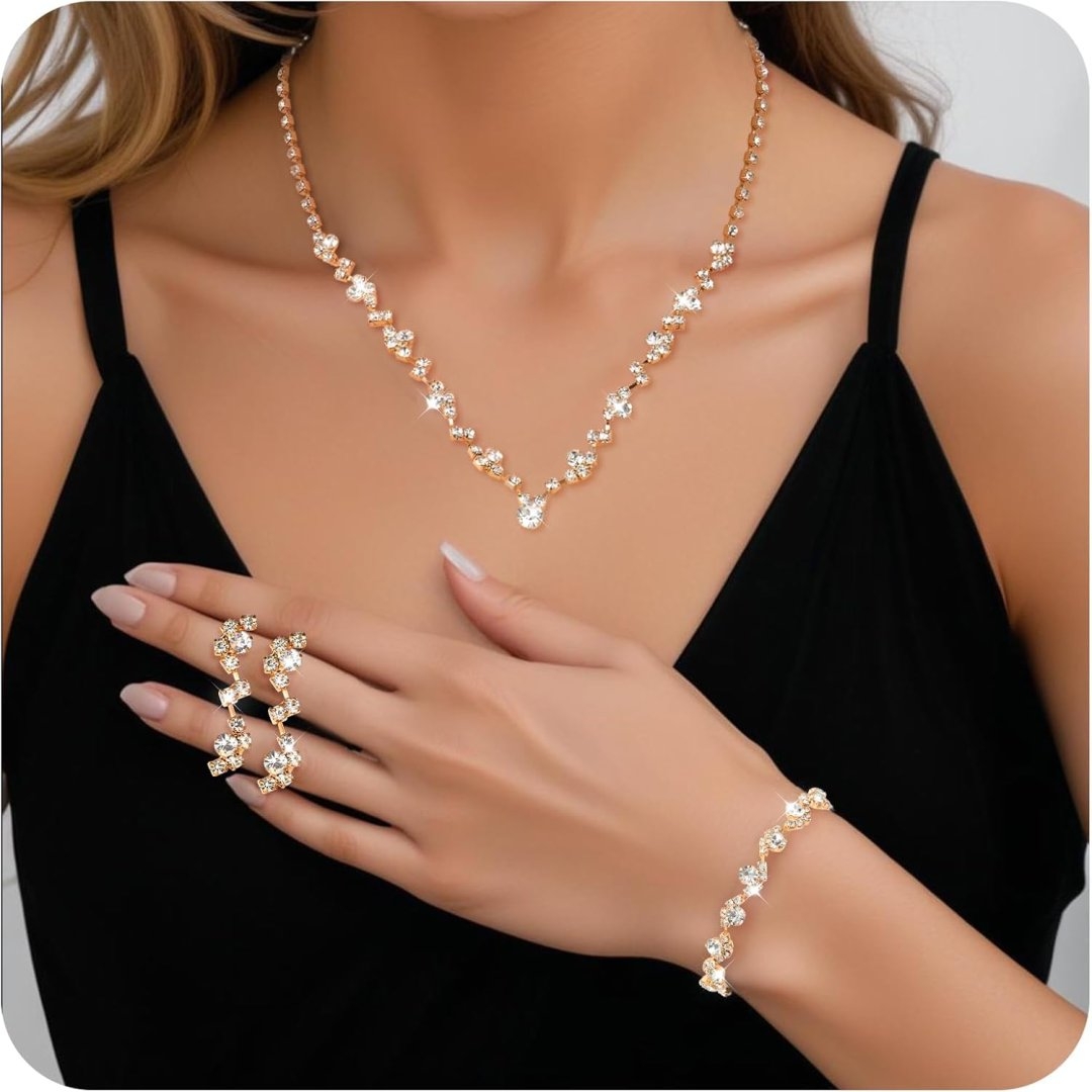 Jewelry for Prom,Silver Necklace for Women Prom, Rhinestone Crystal Necklace Bracelet Earrings Set, Silver Accessories for Women Jewelry for Wedding Party