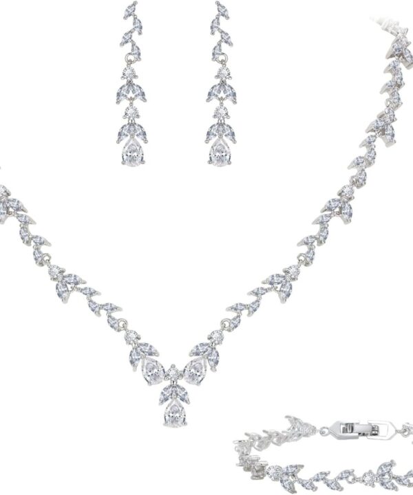 EVER FAITH Bridal Jewelry Set for Women Bride, Elegant Leaf Marquise Teardrop Cubic Zirconia Y-Shape Necklace Dangle Earrings Bracelet for Wedding Banquet Party