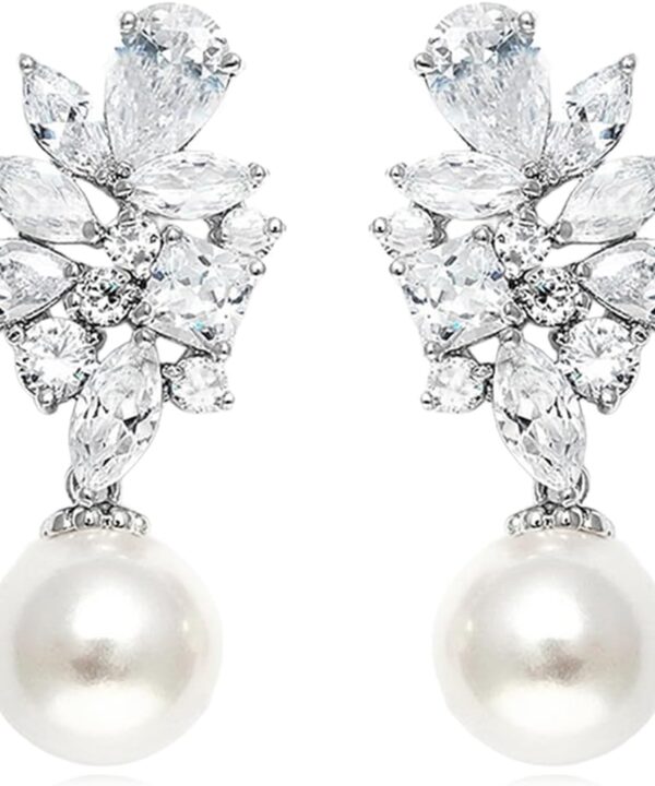 Pearl Wedding Earrings for Women Brides Trendy Vintage Elegant Leaf Rhinestone Crystal Simulated Pearl Dangle Drop Earrings Wedding Prom Fashion Jewelry Gifts