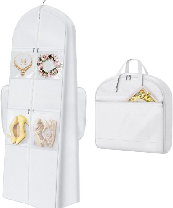 MISSLO 2-in-1 Wedding Dress Garment Bag 70" Dress Bags for Gowns Long with 5 Bride Accessories Pockets & Adjustable Handles Trifold Dresses Cover for Travel and Closet Storage, White