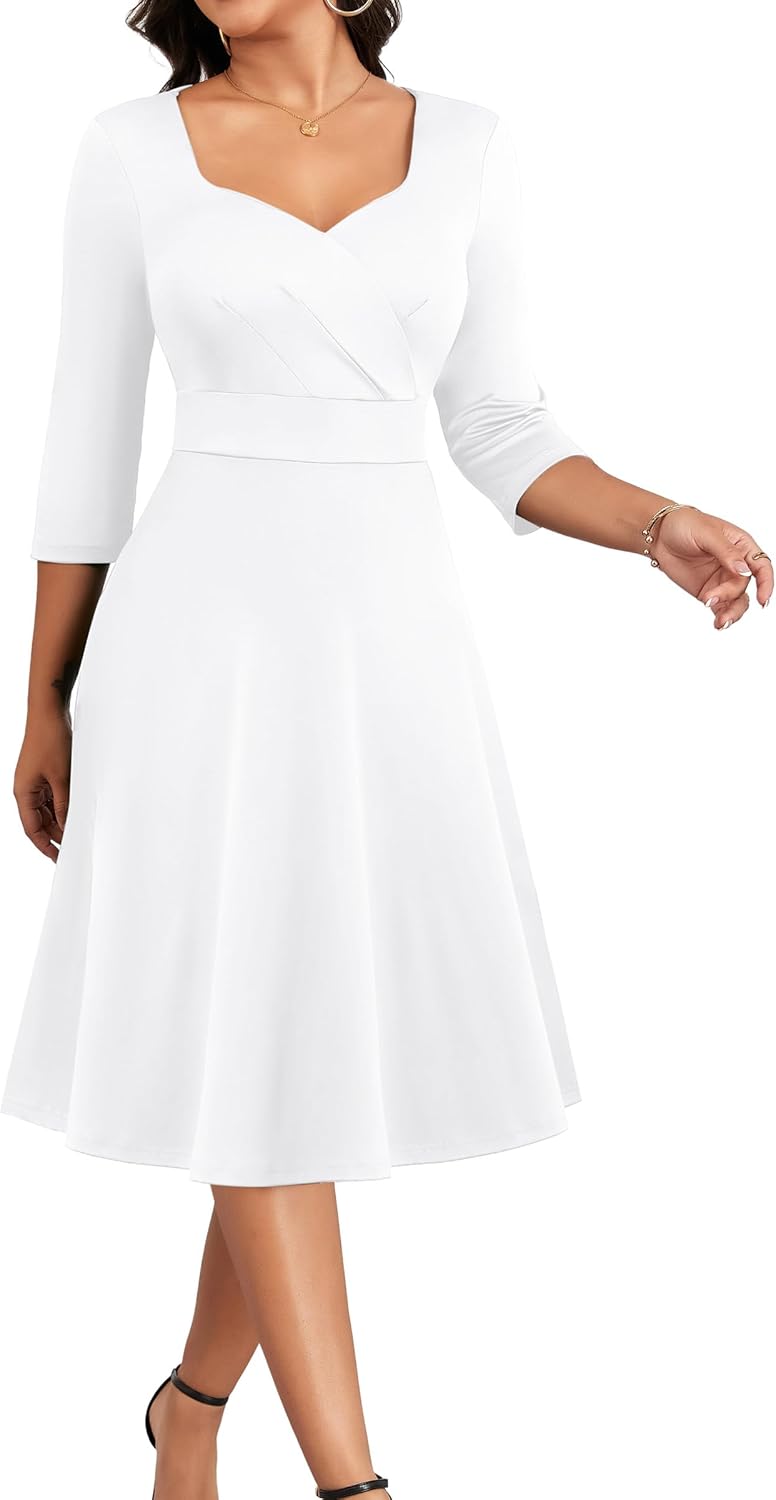 Nmoder Women Vintage 1950s Dress|2026 Retro Cocktail Party Casual Swing A-line Midi Dresses 3/4 Sleeve