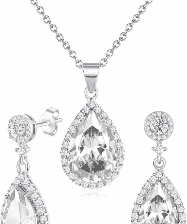 Jewelry Sets For Women 925 Sterling Silver Post Teardrop Dangle Stud Earrings Necklace Set Crystal Rhinestone Wedding Prom Costume Jewelry for Women