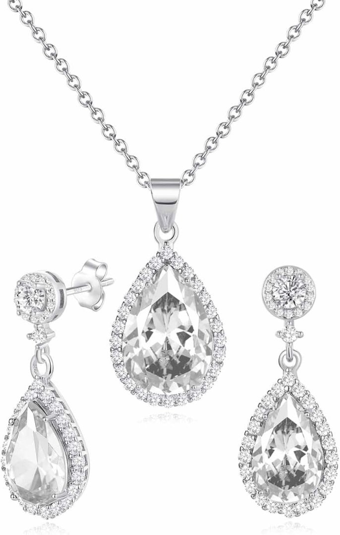 Jewelry Sets For Women 925 Sterling Silver Post Teardrop Dangle Stud Earrings Necklace Set Crystal Rhinestone Wedding Prom Costume Jewelry for Women
