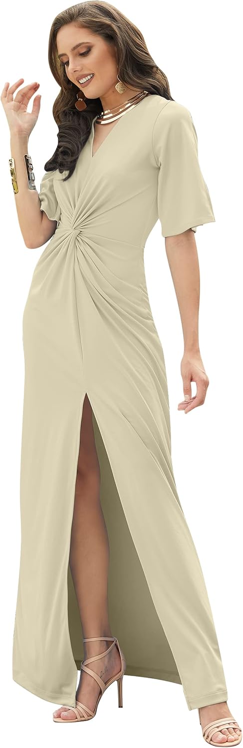 KOH KOH Womens2025 Long Short Sleeve V-Neck Sexy Slimming Casual Summer Maxi Dress