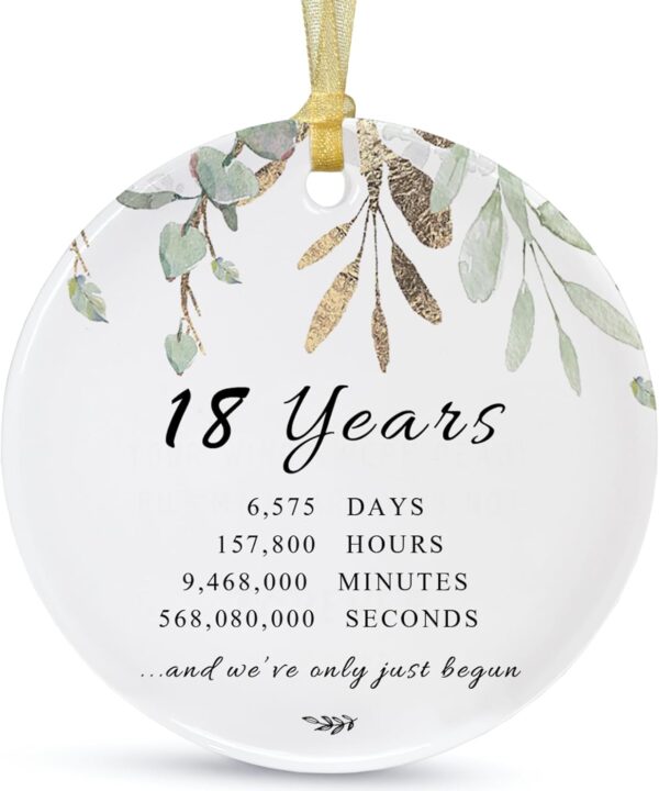 18th Anniversary Wedding Ornament Gift 2026,18 Years Married as Mr and Mrs Christmas Hanging Ornament,Ceramic Xmas Wedding Ornament Present for 18th Husband&Wife with Card,Gift Box
