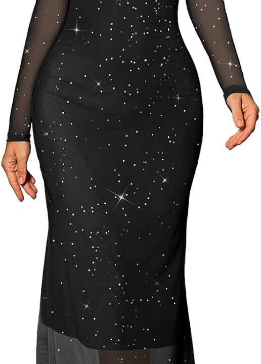 DRESSTELLS Women's Formal Wedding Guest Cocktail Party Sequin Sparkly Mesh Long Bodycon Dress