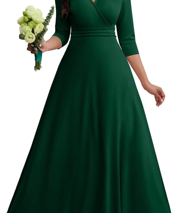 CLOCOR Maxi Dress for Women Long Formal Short Sleeve A Line V Neck Dresses Wedding Guest High Waist Elegant