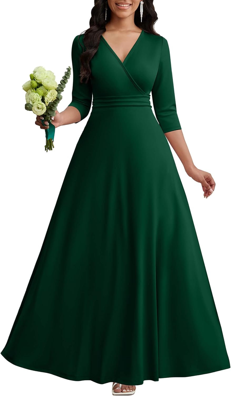 CLOCOR Maxi Dress for Women Long Formal Short Sleeve A Line V Neck Dresses Wedding Guest High Waist Elegant