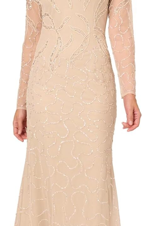 Adrianna Papell Womens Beaded Long Sleeve Gown