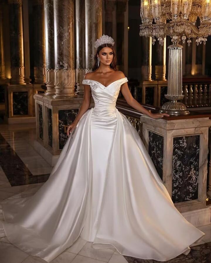 Mermaid Wedding Dresses for Bride 2025 Beaded Satin Off Shoulder Bride Dress Detachable Train