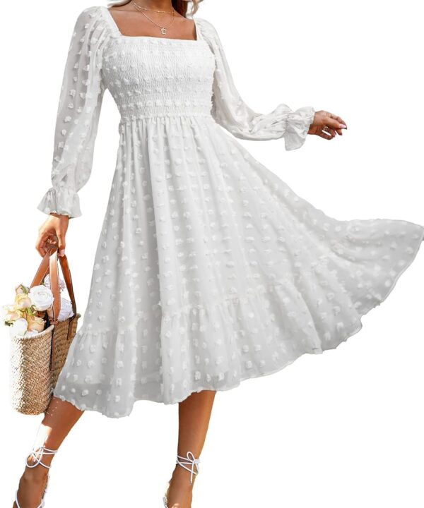 Amegoya Women's Boho Flowy Long Sleeve Square Neck Floral Midi Dress Smocked Spring Fall Wedding Guest Dresses