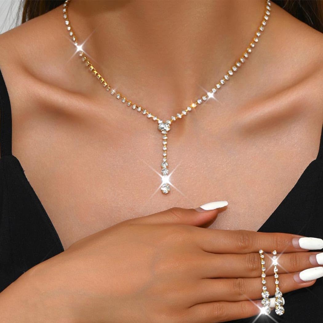 Yean Silver Bridal Jewelry Set Rhinestone Wedding Necklace and Earring Set Prom Jewelry for Women and Bride