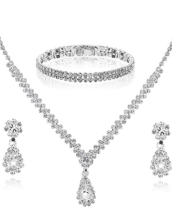 Crystal Necklace Earrings Bracelets Set Wedding Rhinestones Necklaces Rhinestone Teardrop Pendant Earrings Shiny Bracelet Jewelry for Women and Bridesmaids
