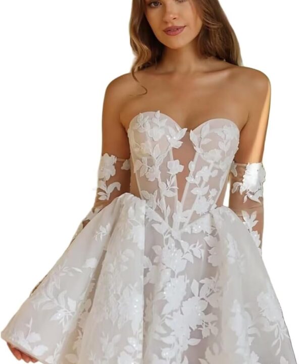 Short Wedding Dresses for Bride Lace Appliques Tulle Bride Dress with Sleeve LW06