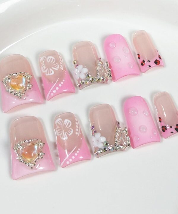 Handmade Press on Nails Short Duck 3D Floral French Tip Thick Acrylic Fake Nails Pink False Nails with Hibiscus Heart Rhinestones Leopard Print Designs Sturdy Nail Art Press on Nails 10Pcs(M)