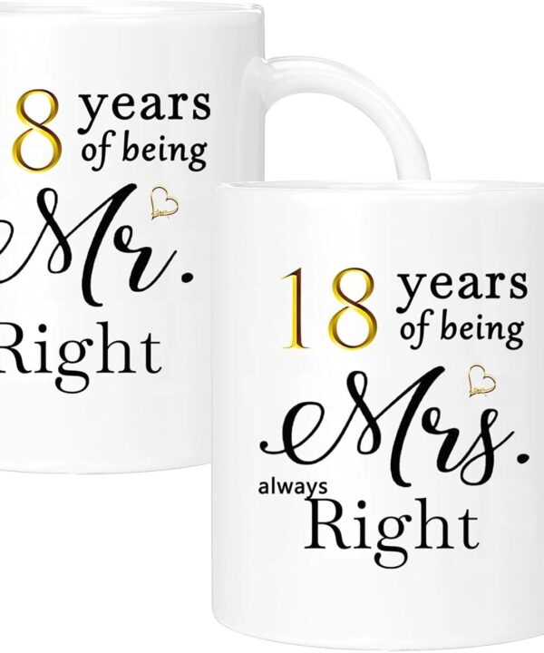 18th Anniversary Coffee Mugs Set of 2, 18 Year Anniversary Wedding Gifts Decorations for Couple Parents Men Women Husband Wife Him Her, Gift Box Packaging, 11oz