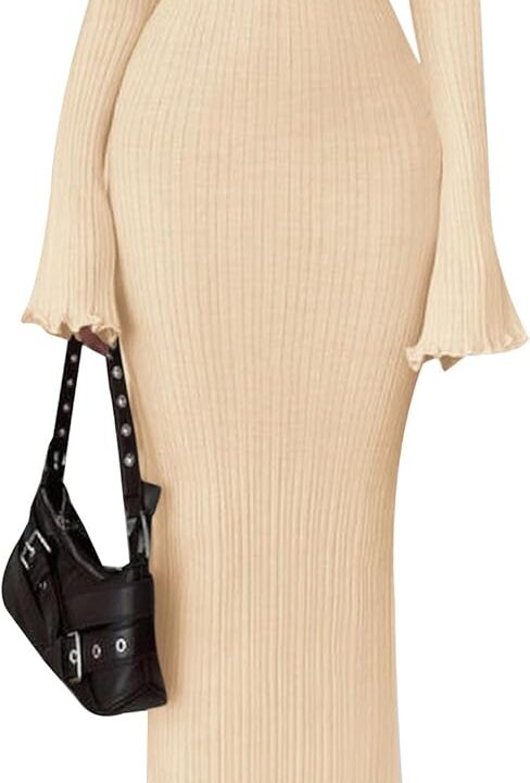 PRETTYGARDEN Sweater Dresses for Women 2026 Fall Bell Long Sleeve Crew Neck Bodycon Maxi Dress Winter Ribbed Knit Outfits