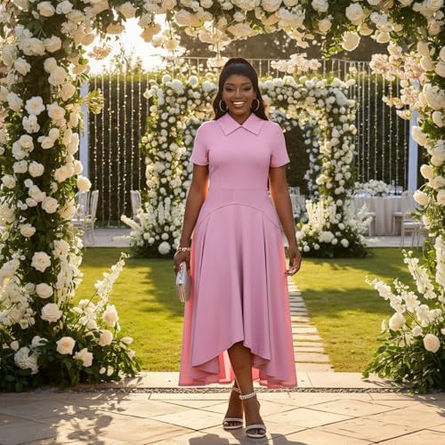 Voghtic Womens Collared Short Sleeve Midi Dress: Ruched Waist Asymmetrical Hem Elegant Casual Work Dress