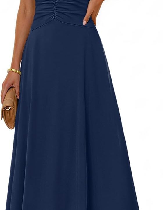 MEROKEETY Women's Wedding Guest Formal Dress Summer Halter Backless Sleeveless V Neck Ruched Cocktail Maxi Dresses