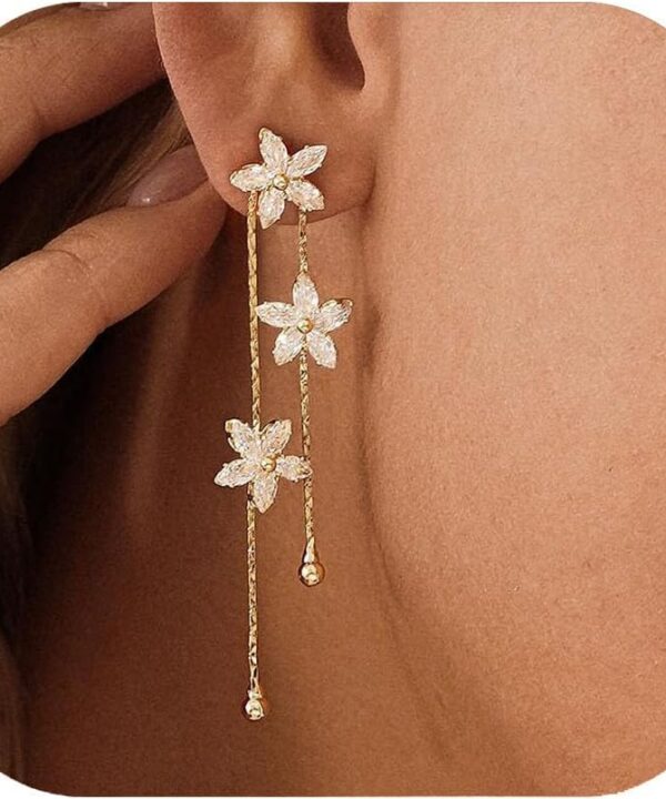 Flower Dangle Earrings for Women Trendy 14k Gold Plated Flower Drop EarringBridal Earrings for Wedding Cubic Zirconia Long Chain Earring Gold Jewelry Gifts For Her