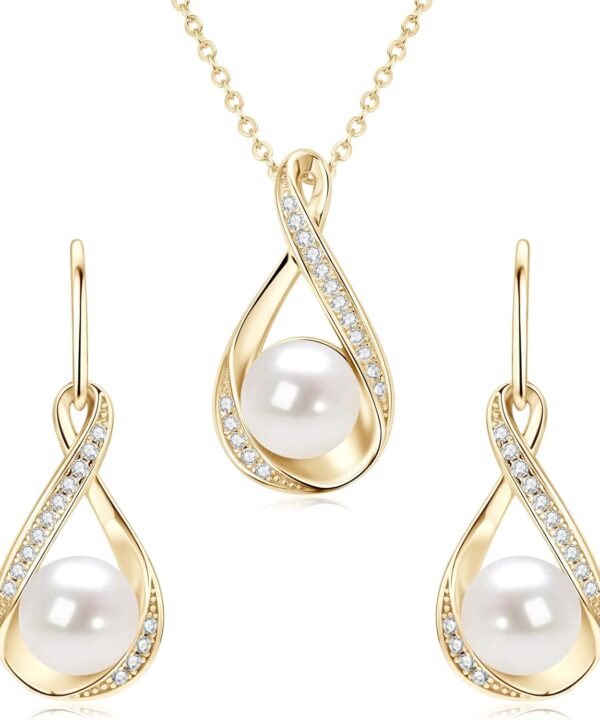 DENGGUANG Sterling Silver Pearl Jewelry Set with Shiny Moissanite, Real Freshwater Pearl Earrings Necklace for Women, Wedding Jewelry for Brides Bridesmaid, Mother's Day