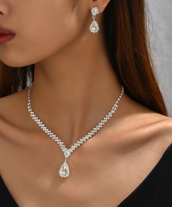 Silver Bridal Necklace Earrings Set, Crystal Wedding Jewelry Set Jewellery Gift Silver, One Size