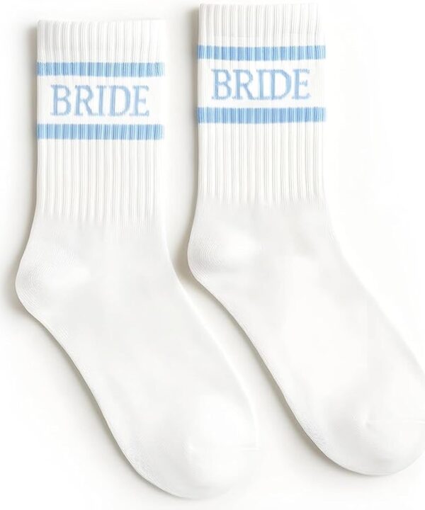 Bride Socks for Wedding Day "Something Blue" | Cute Novelty Crew Socks for Bride to Be | Bachelorette Party Gifts, Bridal Shower, Engagement Gift | White Cotton Casual Socks with Blue "BRIDE" Writing